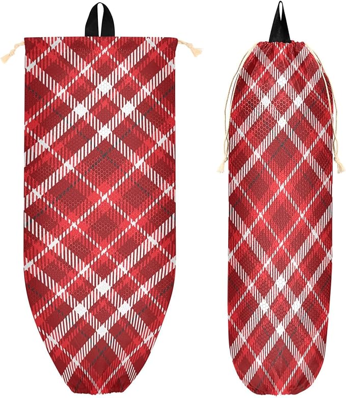 1 PC Plastic Bag Holder Wall Mount Grocery Bag Holder Shopping Bag Trash Bag Storage Organizer Dispenser for Kitchen Closet 22 x 9 Inch Christmas Red Plaid