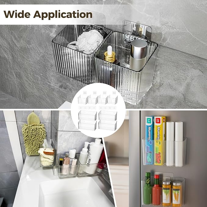 8 PCS Clear Cabinet Door Organizer Bins with Adhesive Hooks, Wall Mount Hanging Storage Baskets with Drain Holes, Plastic Under Sink Drawer Organizers for Bathroom, Kitchen, Pantry, Fridge