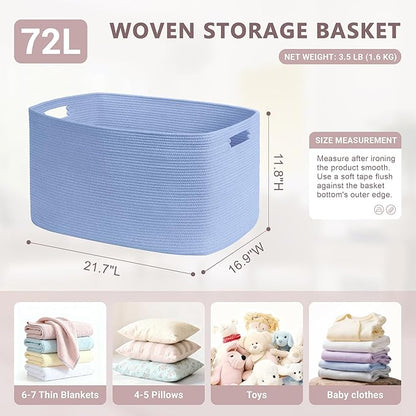 72L Large Baby Girls Laundry Basket for Nursery Storage,Cute Woven cotton Rope Baskets for Kids Toy，Gifts, Boho Square Wicker Blanket hamper for Living Room,Bedroom Dirty Clothes,Blue Purple