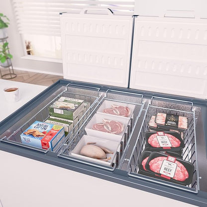 SANNO Chest Freezer Baskets, Stainless Steel Storage Organizer Bins with Sturdy Handles for Chest and Deep Freezers,Adjustable Arms width 17.5"~20.4", 2 pack