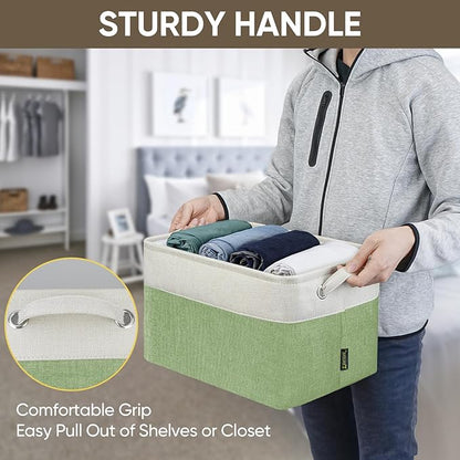 BALEINE 2 Pack Fabric Storage Bins for Shelves, Linen Storage Baskets for Organizing, Decorative Closet Bins for Clothes, Home (Green, 15''x11''x9.5'')