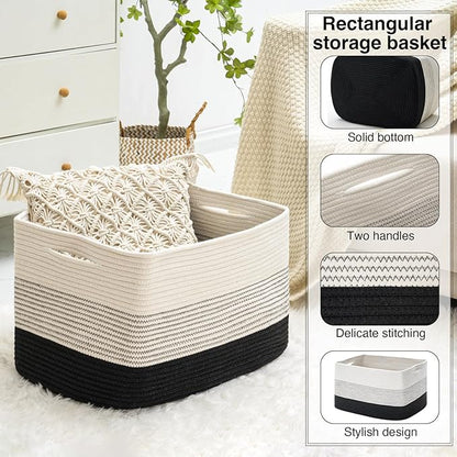Large Blanket Basket Living Room, Rectangle Toy Storage Basket, Large Baskets for Blankets, Woven Cotton Rope Baskets for Storage, Books, Shoes, Dirty Clothes, 22”x17”x12”, Gradient Black, 75L