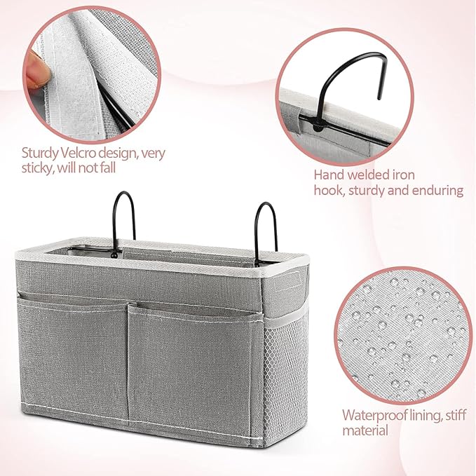 Frjjthchy Bedside Caddy Hanging Storage with Water Bottle Holder for Bunk Bed, Hospital Bed, Dorm Rooms (Grey)