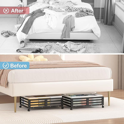 Wisuce Home Under Bed Storage Containers With Wheels - 2 Pcs Bamboo Wood Rolling Underbed Shoe Storage Bins With Dust Bags for Clothes Blankets, Duvet Covers Snacks Toys (Black)