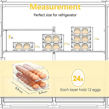 Egg Holder for Fridge, Automatic Steady Rolling Egg Container with Soft Bumpers & Handle for Refrigerator, Stackable Fridge Organizers and Storage with Lid