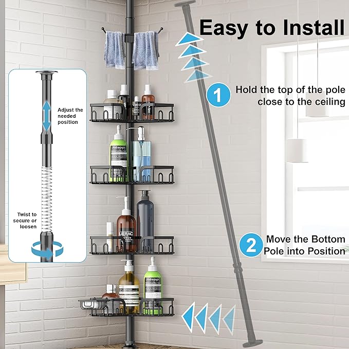 Clothink Corner Shower Caddy Tension Pole 4 Tier Adjustable Stainless Steel Shower Shelf for Inside Shower Bathtub Shampoo,Standing Bathroom Organizer Shelves with 39 to 113 inch Height