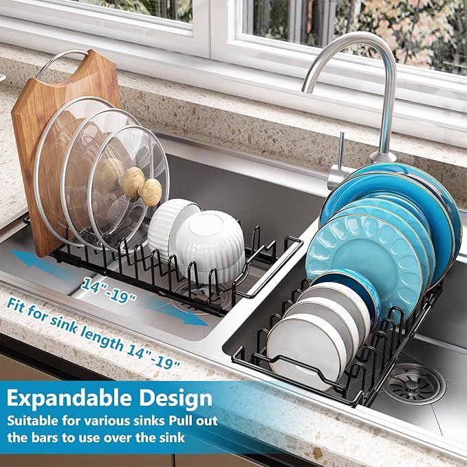 ouimei Sink Dish Drying Rack - Expandable Over Sink (15"-20" Fit), Diatomaceous Earth Tray for No-Drain Drying! Compact Dish Drainer for Small Kitchens, Apartments & RVs(Black)