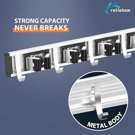 reliahom Broom Holder Wall Mount, 4 Racks with 5 Hooks Black - Mop Storage Tool Racks, Broom Hanger Tool Organizer for Garage, Kitchen, Garden, Laundry Room