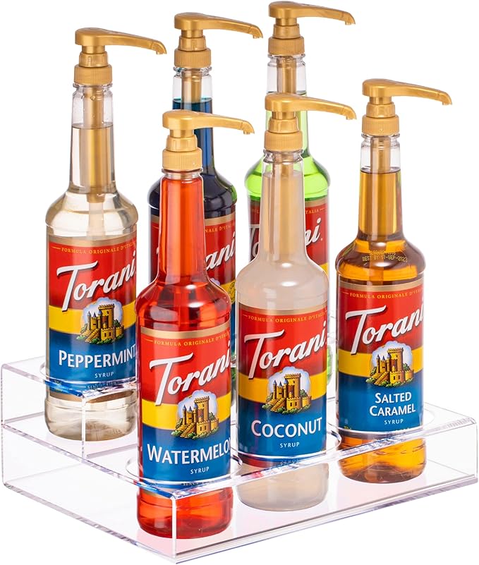 Acrylic Bottle Holder Wine Display Riser | 6 Bottles, 2 Tier Rack | Bar Counter-Top Display Stand | Wine Rack Holder for Kitchen, Pantry, Fridge | Storage Organizer for Wine, Soda, Syrups and Beer