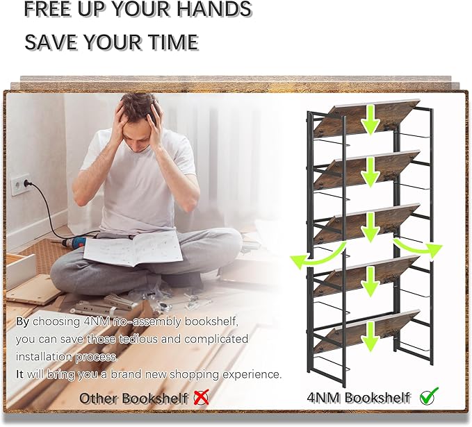 4NM No Assembly 5 Tiers Collapsible Book Shelves, 51.2" H Folding Bookshelf Bookcase Open Industrial Foldable Shelves for Bedroom, Living Room, Home Office - Rustic Brown Black