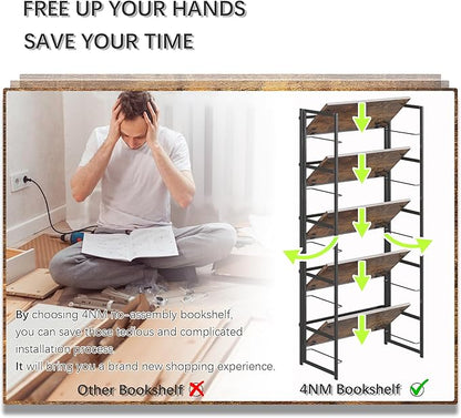 4NM No Assembly 5 Tiers Collapsible Book Shelves, 51.2" H Folding Bookshelf Bookcase Open Industrial Foldable Shelves for Bedroom, Living Room, Home Office - Rustic Brown Black