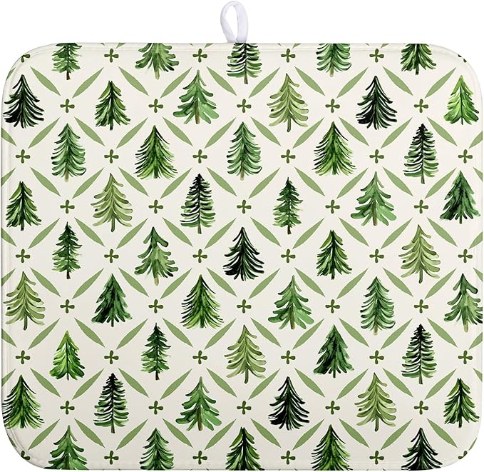 Wnoesat Christmas Dish Drying Mat for Kitchen Counter 16x18 Inch Sage Green Xmas Tree Drying Mats Winter Holiday Dish Drainer Pad Microfiber Absorbent Dish Draining Mat for Coffee Bar