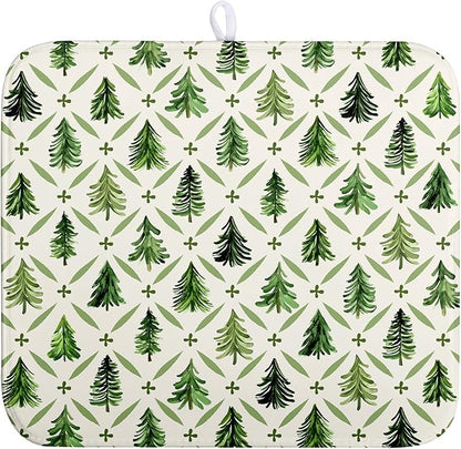 Wnoesat Christmas Dish Drying Mat for Kitchen Counter 16x18 Inch Sage Green Xmas Tree Drying Mats Winter Holiday Dish Drainer Pad Microfiber Absorbent Dish Draining Mat for Coffee Bar
