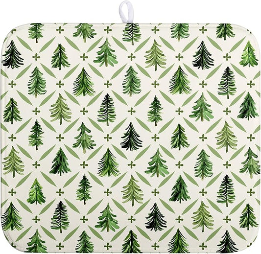 Wnoesat Christmas Dish Drying Mat for Kitchen Counter 16x18 Inch Sage Green Xmas Tree Drying Mats Winter Holiday Dish Drainer Pad Microfiber Absorbent Dish Draining Mat for Coffee Bar