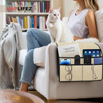 HAPLIFEZ Remote Holder for Recliner Armchair & Couch, Non Slip Sofa Armrest Organizer Caddy with 6 Pockets Thick Linen Fabric Storage for Tablet, Phone, iPad, Magazine, 19x35 Inches, Natural