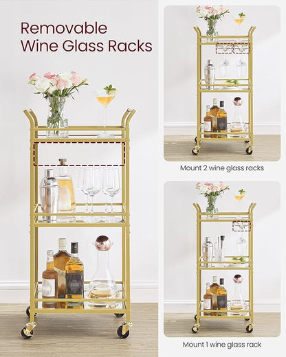 VASAGLE Bar Cart, Home Bar Serving Cart, Small Bar Serving Cart with 3-Tier Shelf, Wine Holders, Glass Holders, Mini Bar Cart for Small Spaces, Kitchen, Dining Room, Living Room, Pale Gold