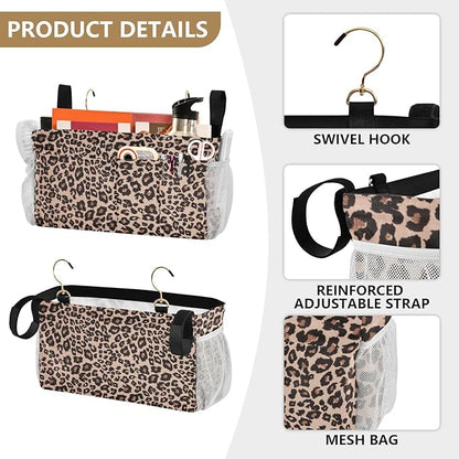 CuwrYet Bedside Caddy Hanging Bunk Bed Caddy Bed Organizer Hanging Pocket with 2 Hooks Bedside Storage Organizer Pocket Bag Holder Leopard Print Brown