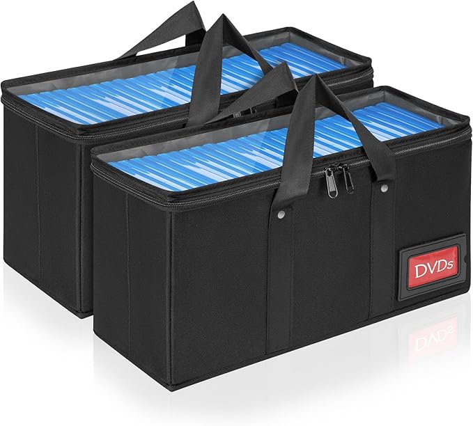DVD Storage Case 2 Pack, Each Holds 25 DVDs (50 Total), 15.5" x 5.7" x 8", Portable Organizer Bag with Clear Cover, Zipper & Handles, Black