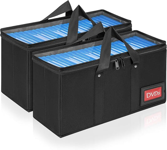 DVD Storage Case 2 Pack, Each Holds 25 DVDs (50 Total), 15.5" x 5.7" x 8", Portable Organizer Bag with Clear Cover, Zipper & Handles, Black