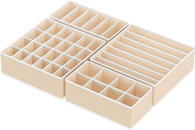 Simple Houseware 4-Pack Drawer Organizer Set - Closet Dividers for Underwear, Socks, Bras, Scarves, Ties - Foldable Non-Woven Storage Boxes, Beige