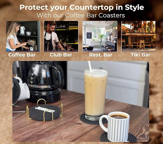 Coffee Coasters Set of 6 for Bar Decor and Bar Accessories, But First Coffee Decor Funny Silicone Coasters with Gold Holder, Coaster 6 Pack, Tiki Bar Drink Coaster for Outdoor Decorations
