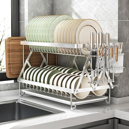 Fenqynsol Dish Drying Rack, 304 Stainless Steel Foldable 2 Tier with Hanging Rack for Kitchen Counter, Dish Rack for Dishes, Utensils, Knives and Cutting Board