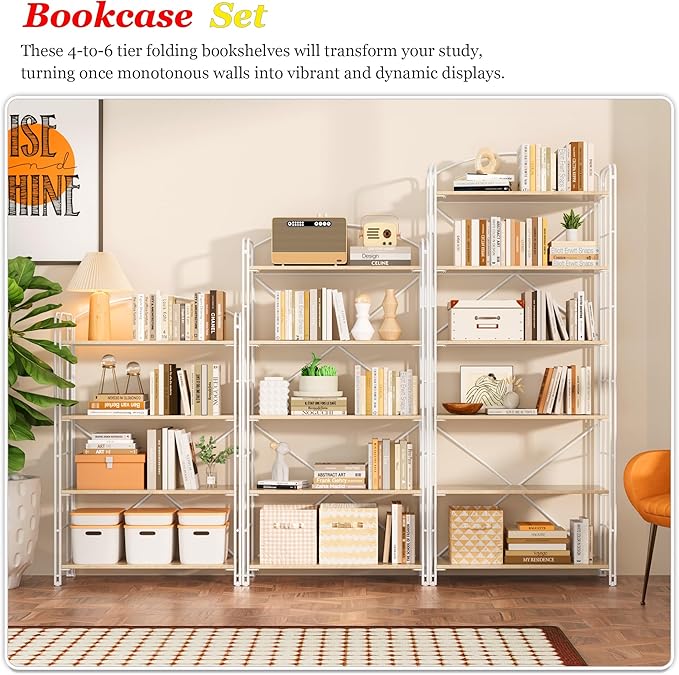 UDD Folding Bookshelf No Assembly, 54.1" H x 23.7" W, 5 Shelf Foldable Bookcase Industrial Collapsible Bookshelves, Open Storage Book Shelves for Small Spaces Home Office Living Room, Light Oak White