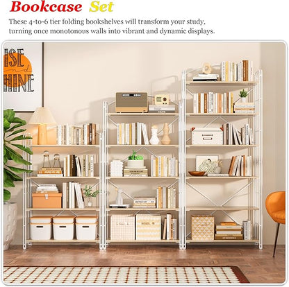 UDD Folding Bookshelf No Assembly, 54.1" H x 23.7" W, 5 Shelf Foldable Bookcase Industrial Collapsible Bookshelves, Open Storage Book Shelves for Small Spaces Home Office Living Room, Light Oak White