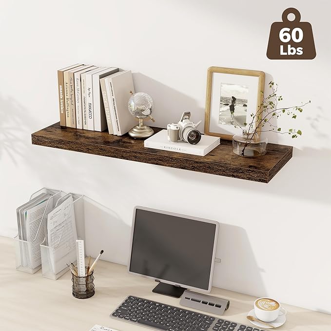 Fun Memories 12 Deep Floating Shelves, 40W x 12D Floating Shelves for Wall Set of 2, Extra Deeper Hanging Wood Shelves for Wall for Living Room Kitchen Laundry Room Kitchen Home Office - Rustic Brown