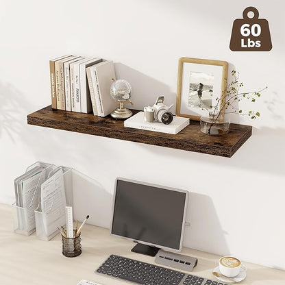 Fun Memories 12 Deep Floating Shelves, 40W x 12D Floating Shelves for Wall Set of 2, Extra Deeper Hanging Wood Shelves for Wall for Living Room Kitchen Laundry Room Kitchen Home Office - Rustic Brown