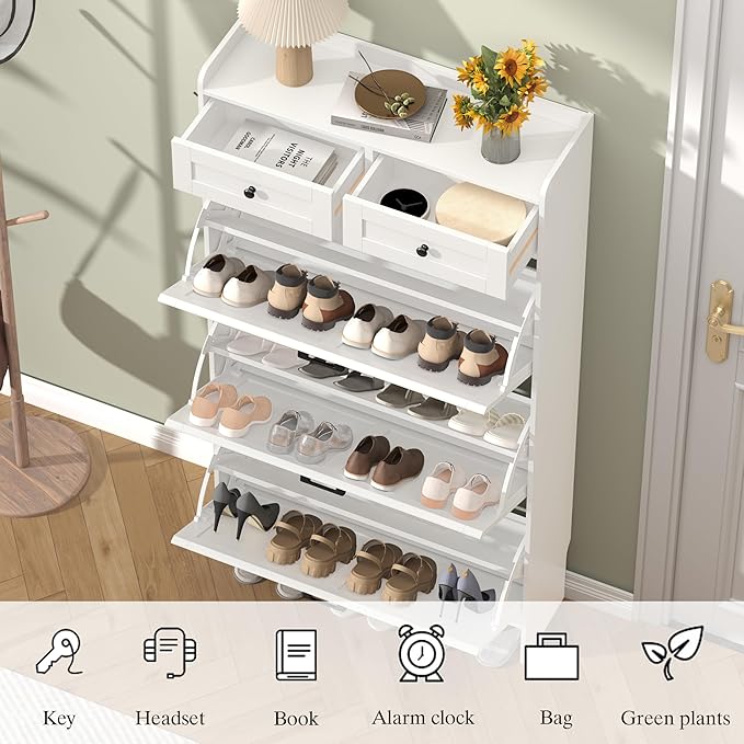 Shoe Cabinet with 3 Flip Drawers & 2 Storage Drawers, Rustic Farmhouse Narrow Shoe Organizer Cabinet, Slim Shoe Rack Cabinet, Shoe Storage Cabinet for Entryway, Hallway, Front Door