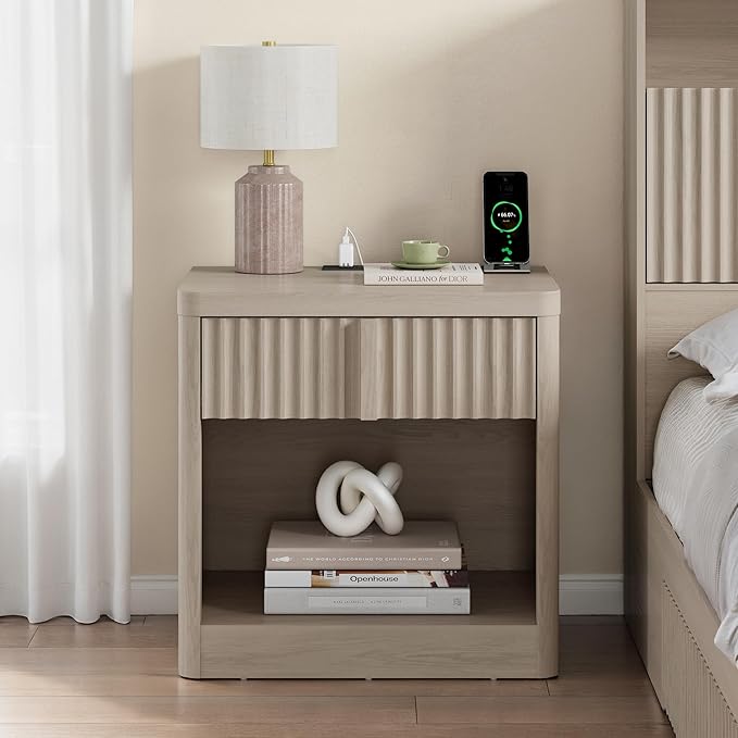 Harpaq Fluted Nightstand with Charging Station, 23.6" End Table with Solid Wood Handle,Night Stand with Curved Profile Design, Mid Century Moden Bedside Table for Bedroom, Living Room, White Alder