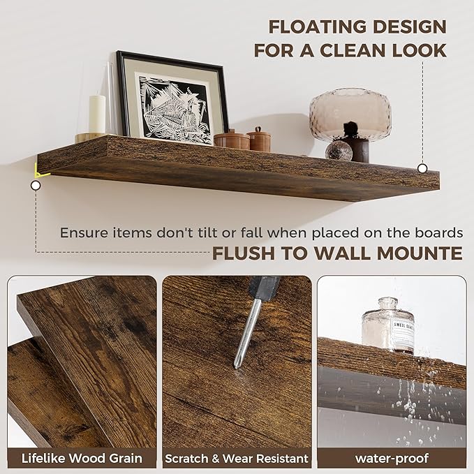 Fun Memories Brown Deep Floating Shelves, 72 x 12 Inch Long Wall Shelves, Large Display Shelf & Storage Shelf, Wood Floating Wall Shelves for Fireplace Mantel, Living Room, Home Office - Set of 2