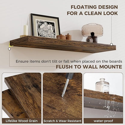 Fun Memories Brown Deep Floating Shelves, 72 x 12 Inch Long Wall Shelves, Large Display Shelf & Storage Shelf, Wood Floating Wall Shelves for Fireplace Mantel, Living Room, Home Office - Set of 2