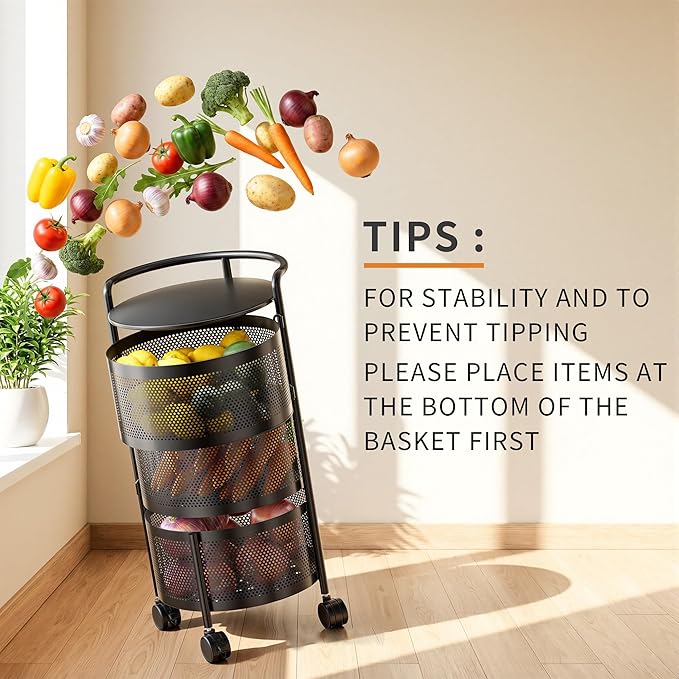 JAQ Rotating Storage Shelves Rack for Kitchen, 3-Tier Multi Layer Removable Basket Shelf Organizer on Rolling Wheels for Fruit Vegetable Grocery Corns Potato Onion (3-Tier, Black)