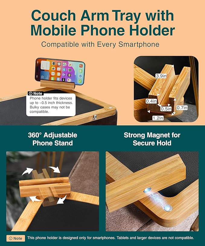 Bamboo Sofa Arm Tray Table – Fits Most of The Sofa Arms, 3 in 1 Adjustable Couch Arm Table with Rotating Phone Holder, Cable Slot & Non-Slip Mat – Couch Cup Holder for Snacks, Drinks & Remotes