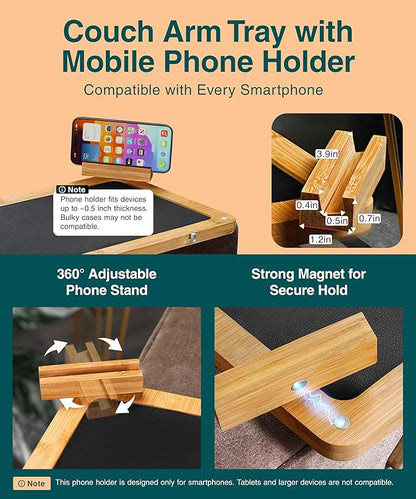 Bamboo Sofa Arm Tray Table – Fits Most of The Sofa Arms, 3 in 1 Adjustable Couch Arm Table with Rotating Phone Holder, Cable Slot & Non-Slip Mat – Couch Cup Holder for Snacks, Drinks & Remotes