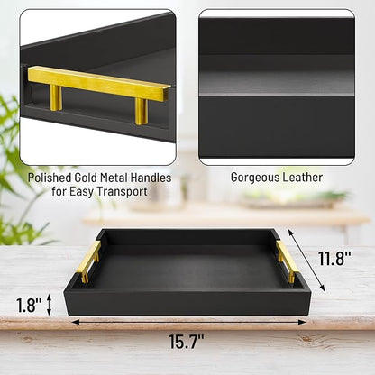 Leather Serving Tray with Gold Polished Metal Handles, Home Decorative Wooden Rectangle Ottoman Decor Platter Bathroom Vanity Tray for All Occasions Black