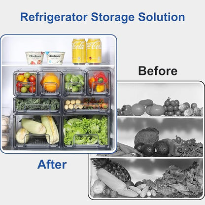 Pull Out Clear Fridge Organizer Drawers with Drainer, Refrigerator Stackable Storage Bins for Kitchen Fruit & Veggie Organization (Complete Set)