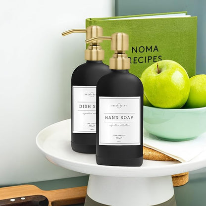 Vine Creations Black Glass Soap Dispenser, 2 Pack Kitchen Soap Dispenser Set with Stainless Steel Pump, 16 oz Dish Soap and Hand Soap Dispensers for Bathroom with Waterproof Labels