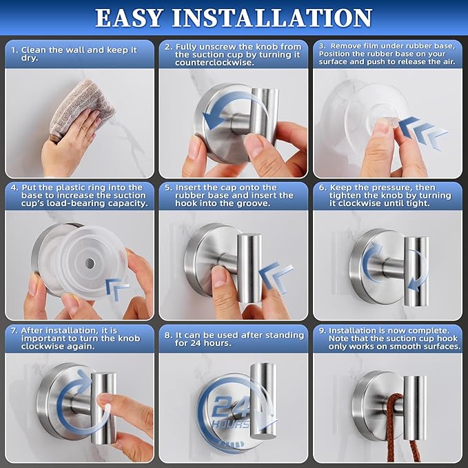 warlve Heavy Duty Reusable Suction Cup Hooks for Shower - No Drill Bathroom/Glass/Mirror/Tiles & Metal Surfaces,and Smooth Non-Porous Surfaces for Towels, Robes, Loofahs (4, Brushed Nickel)