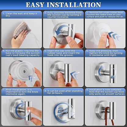 warlve Heavy Duty Reusable Suction Cup Hooks for Shower - No Drill Bathroom/Glass/Mirror/Tiles & Metal Surfaces,and Smooth Non-Porous Surfaces for Towels, Robes, Loofahs (4, Brushed Nickel)