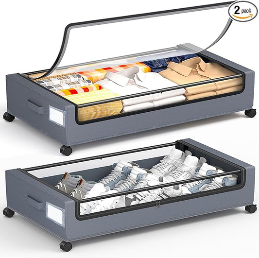 YEEBONIX Under Bed Storage With Wheels, 2 Pack Square Containers, 60L Bins, Rolling Metal Drawer for Clothes, Blankets, Shoes