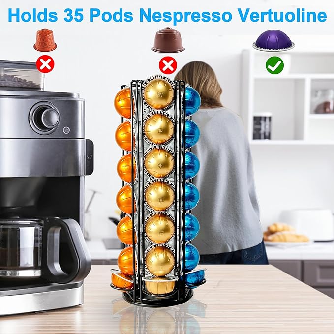 Coffee Pod Holder Carousel Organizer for Nespresso VertuoLine -35 Capsule Coffee Pod Holder with 360° Rotation, Space-Saving Design for Kitchen Countertops, Fits All Vertuo Pods (Sleek Black)