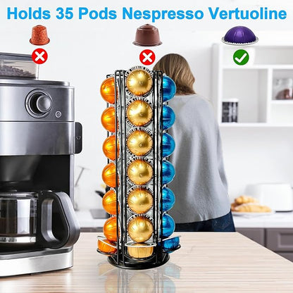Coffee Pod Holder Carousel Organizer for Nespresso VertuoLine -35 Capsule Coffee Pod Holder with 360° Rotation, Space-Saving Design for Kitchen Countertops, Fits All Vertuo Pods (Sleek Black)