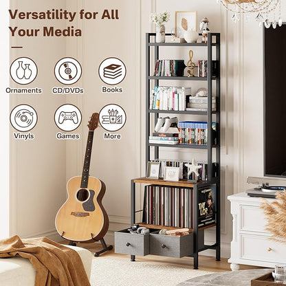 DVD Storage Vinyl Record Storage Rack, 6-Tier CD Rack Tower with Drawers for CDs, DVDs, Albums, Books & Games, Vinyl Record Holder & DVD Shelf Organizer for Living Room & Home Office, 20.8x11.8x63Inch