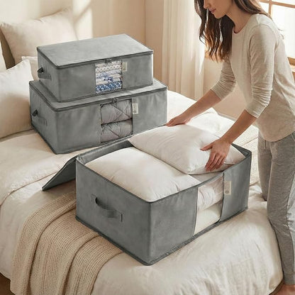 Cedar Storage Bag Organizer for Bedding Set - Protects from Moths, Moisture, Dirt & Dust - Set of 3 Storage Bags for Bed Sheets, Comforter, Pillows & More - Space-Saving Bedding Organizer, Gray