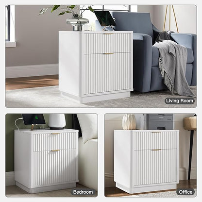 T4TREAM 23'' Fluted Nightstand with Charging Station, Large 2 Drawer Bedside Table, Modern End Table with Storage, Mid Century Night Stand for Bedroom, Living Room, Curved Profile, Solid White