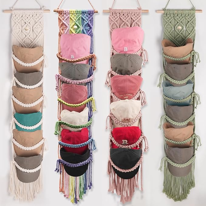 KaloKalo Macrame Cap Holder Boho Hat Hangers Over Door Decorative Bohemian Handmade Ball Cap Rack Organizer Colorful Woven Wall Hanging for Baseball Cap Display Decorations (Rainbow, Up to 12 Caps)