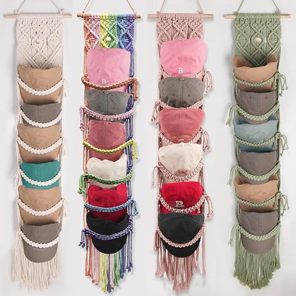 KaloKalo Macrame Cap Holder Boho Hat Hangers Over Door Decorative Bohemian Handmade Ball Cap Rack Organizer Colorful Woven Wall Hanging for Baseball Cap Display Decorations (Rainbow, Up to 12 Caps)